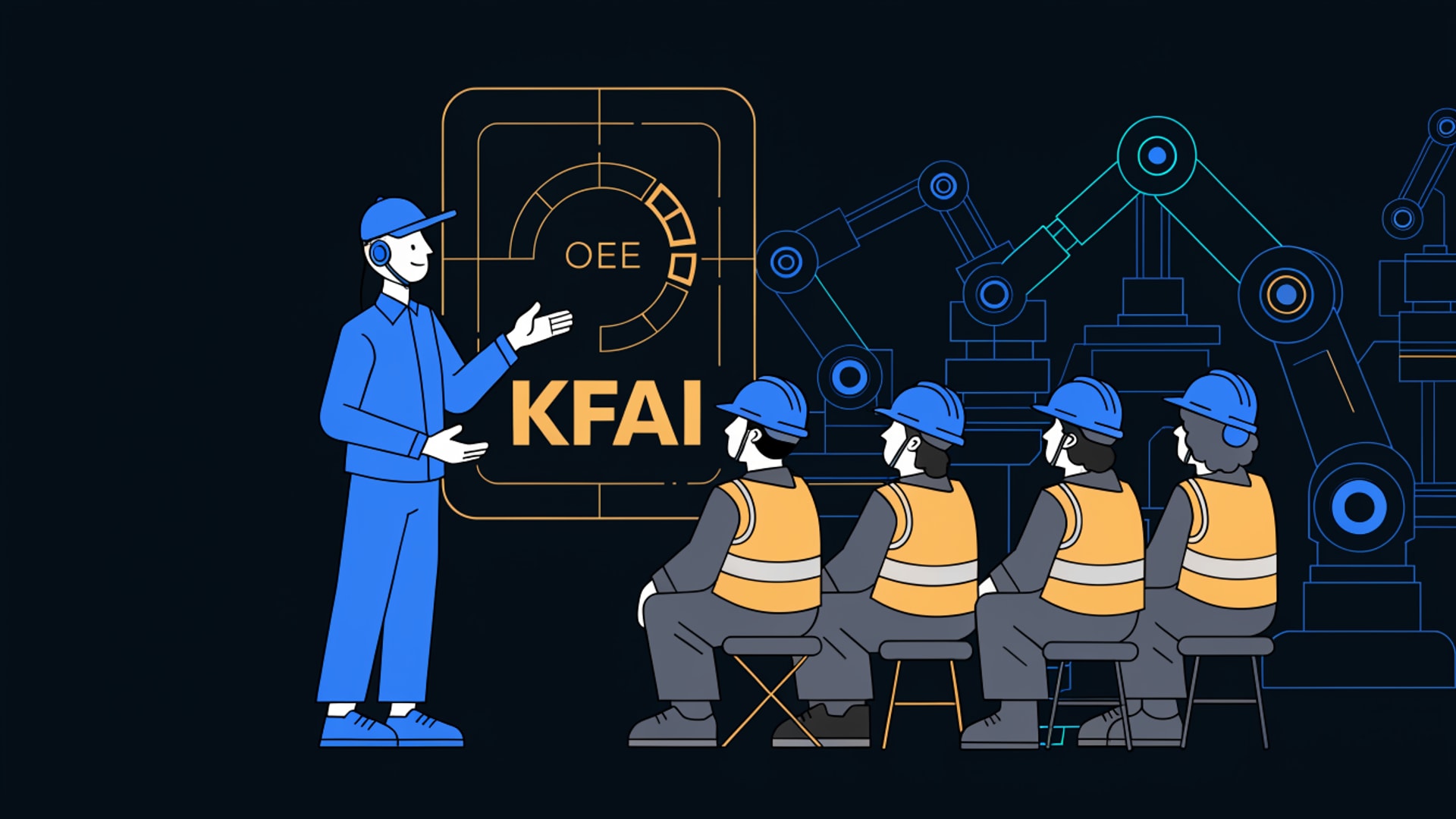 Illustration of an engineering team - lab-coated reviewers and console operators among plant machinery.