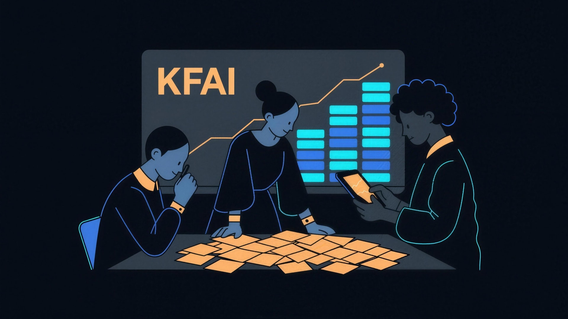 Illustration of three plant leaders reviewing a KFAI analytics screen beside robotic lines.