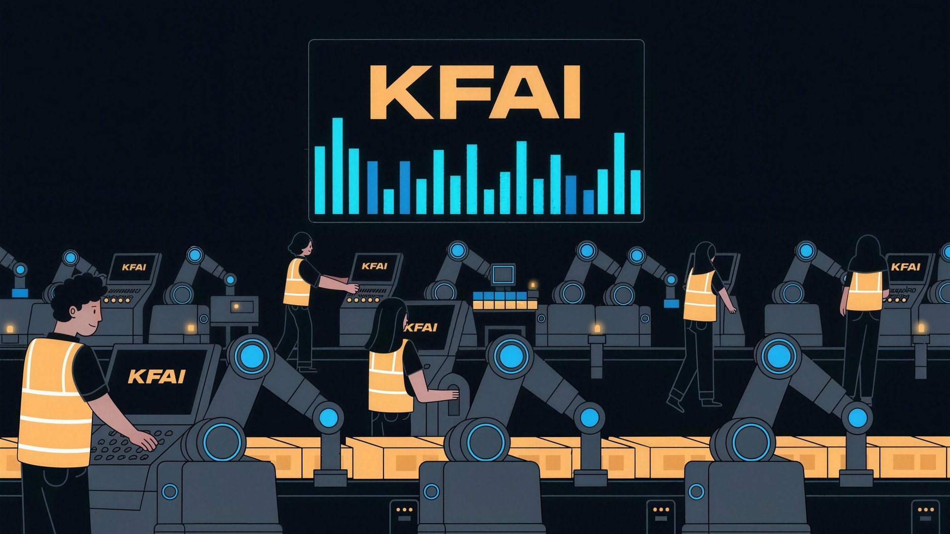 Illustration of the KFAI sign over a dark machine hall - an operator, a manager, and an executive talking.