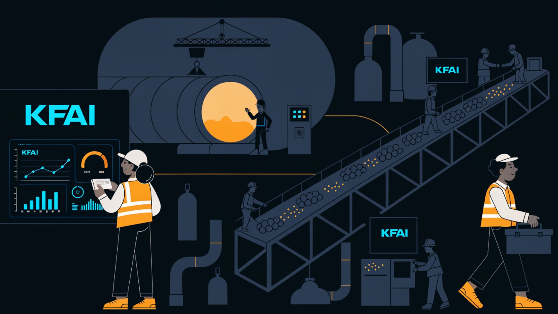A building-materials plant: rotary kiln and aggregate conveyor with a KFAI energy dashboard.