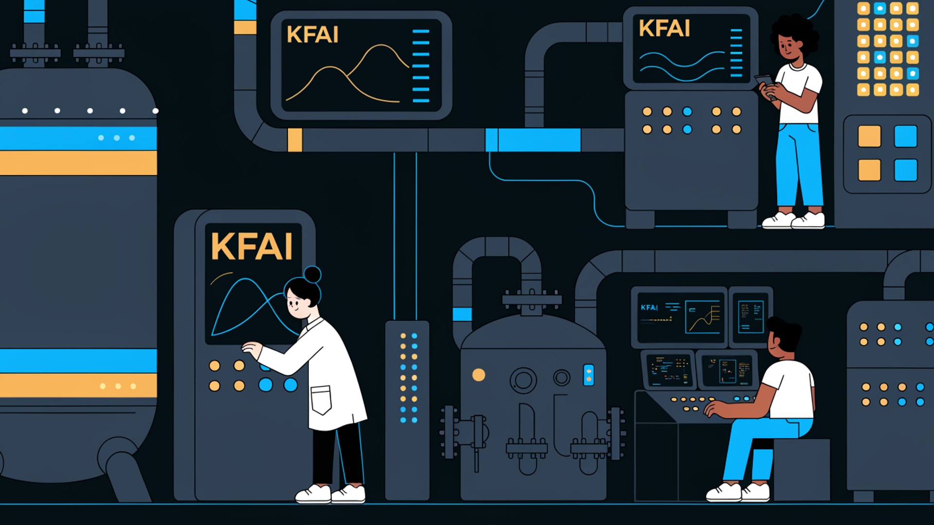 A chemical process line: stainless reactors and piping with KFAI batch-yield panels.